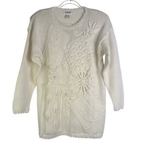 Vintage‎ Victoria Jones Grandmacore Boho Knit Sweater Embroidered Crochet Med M